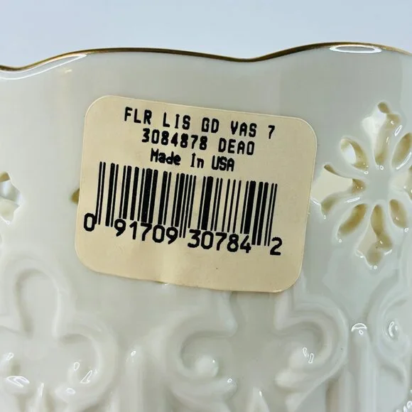 Lenox Fleur de Lis Collection Embossed Pierced Flower Vase Ivory Gold USA 7.5" - Picture 10 of 16